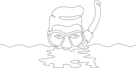 Continuous one line drawing diver in a mask. Swimmer in the water with a mask and snorkel. One continuous line isolated minimal illustration.