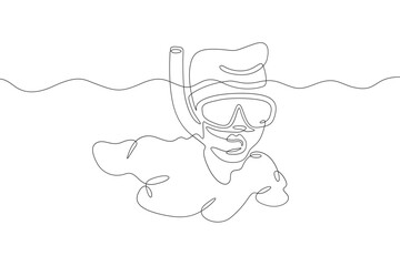 Continuous one line drawing diver in a mask. Swimmer in the water with a mask and snorkel. One continuous line isolated minimal illustration.