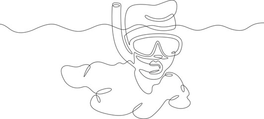 Continuous one line drawing diver in a mask. Swimmer in the water with a mask and snorkel. One continuous line isolated minimal illustration.