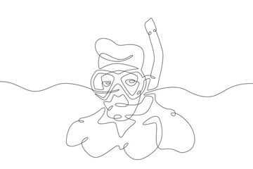Continuous one line drawing diver in a mask. Swimmer in the water with a mask and snorkel. One continuous line isolated minimal illustration.
