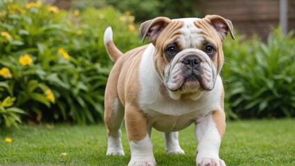 Fototapeta premium Fawn english bulldog in the garden