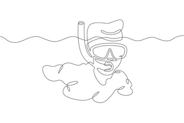 Continuous one line drawing diver in a mask. Swimmer in the water with a mask and snorkel. One continuous line isolated minimal illustration.