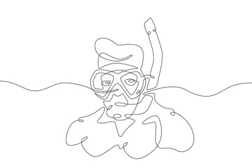 Continuous one line drawing diver in a mask. Swimmer in the water with a mask and snorkel. One continuous line isolated minimal illustration.