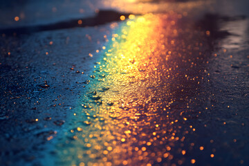 Colorful rainbow light reflection on wet pavement, creating a vibrant and artistic scene with water droplets and a dreamy atmosphere after the rain.