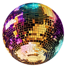 Disco mirror ball with colorful and gold reflections seen below