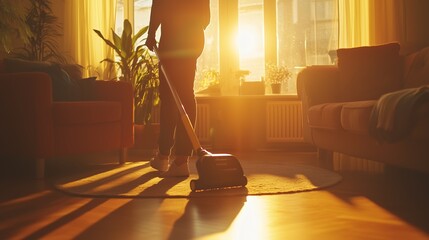 Man vacuuming a sunlit living room with soft shadows from afternoon sunlight illuminating the cozy atmosphere