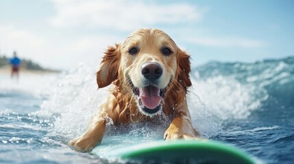 This image highlights a Golden Retriever enjoying a ride on a surfboard amidst rolling ocean waves, exuding a sense of happiness, thrill, and adventurous spirit.
