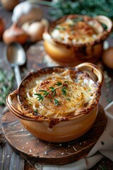 Delectable French Onion Soup in Ceramic Bowl Topped with Melted Cheese and Fresh Herbs