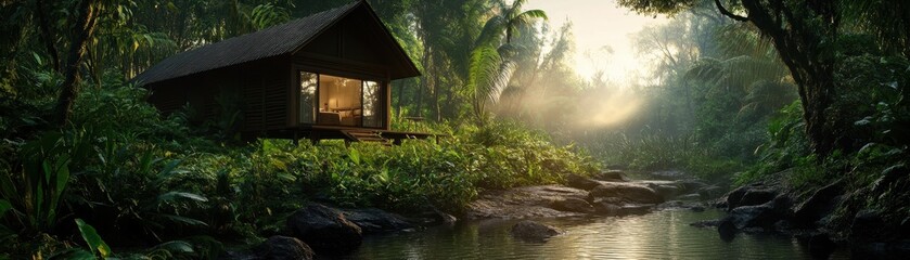 Fototapeta premium Cozy Wooden Cabin in Lush Tropical Forest by a Serene Stream at Sunrise