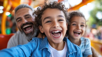 Fototapeta premium A happy family, including an older man and two children, laughing together while enjoying a ride at an amusement park with colorful backgrounds and playful spirits.