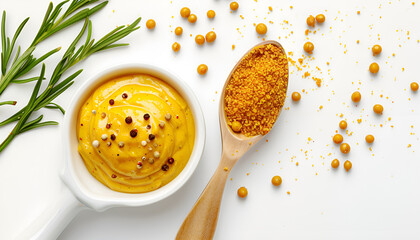 Delicious mustard and spoon on white background, top view. Spicy sauce
