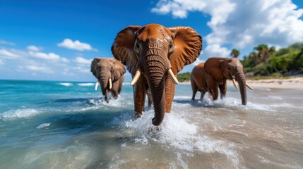 Fototapeta premium A majestic view of elephants wading through the shallow waters of a beach, their trunks raised high, with a backdrop of a bright blue sky and calm ocean.