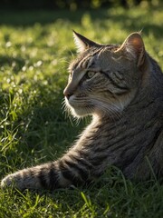 Tabby cat with striped coat sitting in grassy field, looking off to side with focused expression