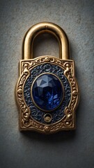 Ornate golden lock with large blue gemstone in center, surrounded by intricate filigree designs