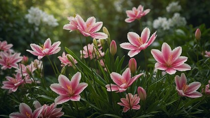 Fototapeta premium Pink daisy-like flowers with green leaves in garden setting