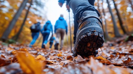 Obraz premium Close-up of the rear of hiking boots as a group of adventurers trek through a forest with the ground covered in autumn leaves, highlighting their journey and connection to nature.