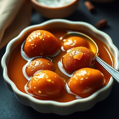 Rich and Glossy Gulab Jamun Served in a Ceramic Bowl with Cardamom