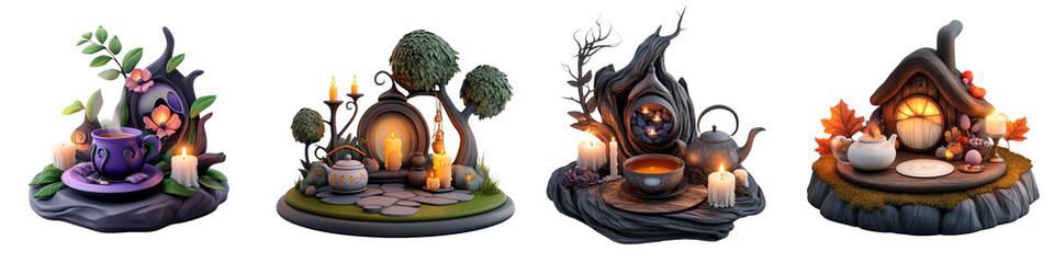 Set of whimsical miniature houses with unique designs, surrounded by nature and warm lighting, perfect for fantasy themes.