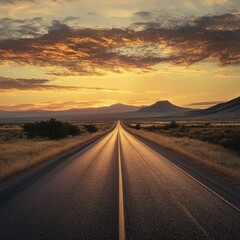 A serene sunset view over a tranquil road leading into the mountains, capturing the beauty of nature and tranquility.