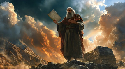 Moses stands atop a mountain, grasping stone tablets beneath a tumultuous sky, as he receives the Ten Commandments in a scene steeped in ancient religious significance.