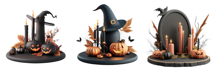 Stylish Halloween decorations featuring pumpkins, candles, and witch hats, perfect for festive celebrations and themed parties.