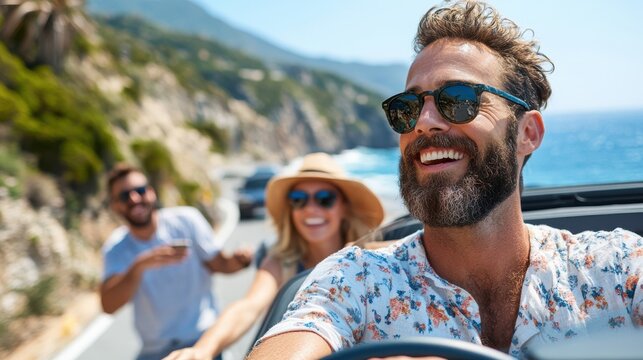 Three friends delight in a scenic drive by the ocean cliffs, with the driver in focus and smiling, capturing the essence of adventurous travel and cherished companionship.