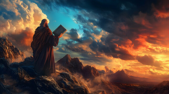 In a moment of profound religious importance, Moses is depicted on a mountain, holding stone tablets against a backdrop of a dramatic sky, as he receives the Ten Commandments.