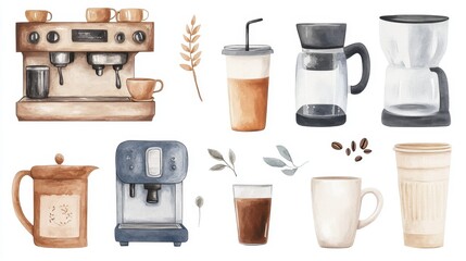 Artistic set of vector coffee machines and coffee drinks isolated on brown background,hand-drawn vector,coffee cups and coffee beans,modern flat design,Fashionable and cute coffee motif concept.