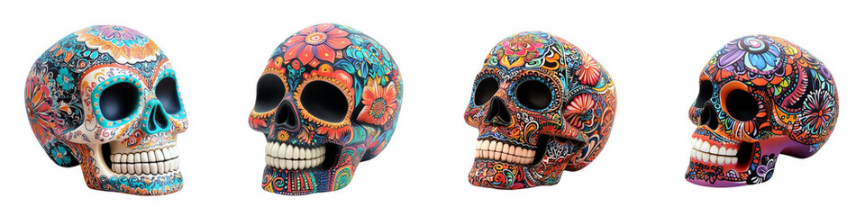 Vibrant decorated skulls inspired by traditional art, perfect for Halloween or Day of the Dead themes, showcasing colorful patterns.