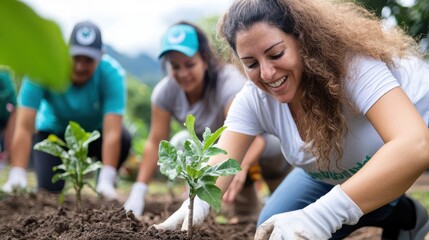 A cheerful woman planting a small sapling in a garden with others, showcasing teamwork and environmental sustainability through planting trees and working together.