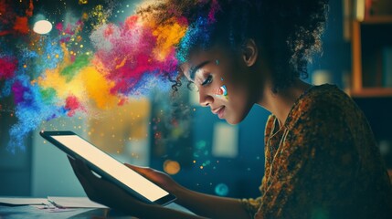 Creative worker on digital art creating new ideas. Person with colorful hair gets inspired by her screen, using internet 