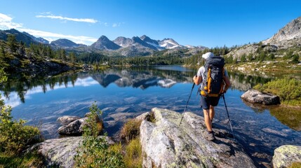 Fototapeta premium A lone hiker equipped with trekking poles pauses to admire the scenic mountain lake, surrounded by breathtaking landscapes and clear blue skies, embodying tranquility and peace.