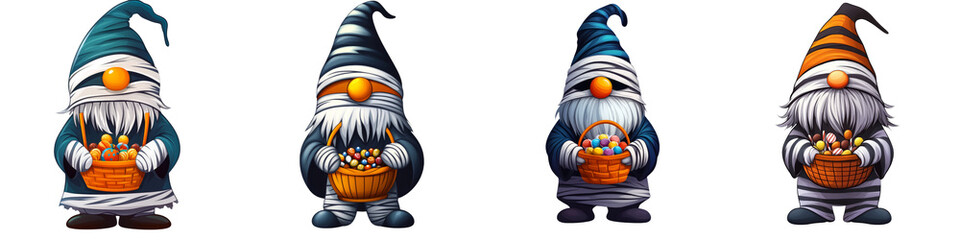 Whimsical gnomes with colorful hats and baskets, depicting playful holiday spirit and seasonal cheer in a delightful illustration.