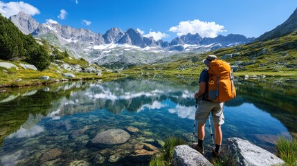 Naklejka premium A hiker with an orange backpack stands by a crystal-clear mountain lake, marveling at the breathtaking scenery of snow-topped peaks and reflecting waters.