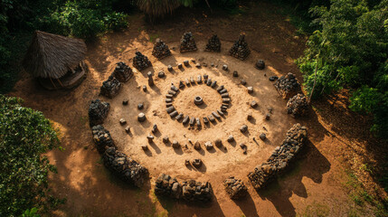 Fototapeta premium Sacred site of an indigenous religion, stone structures arranged in a ceremonial circle, with offerings placed at the center