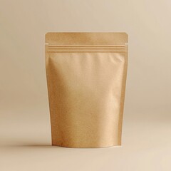 Minimalist kraft paper pouch packaging on neutral beige background