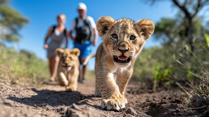 Obraz premium A close-up shot of two adorable lion cubs walking on a dirt path during a safari, with a blurred background of trees, sky, and two people exploring nature.