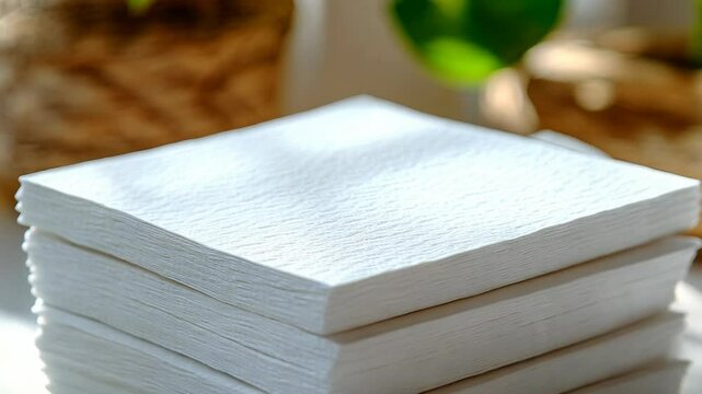 A stack of white paper napkins on a table with plants in the background.