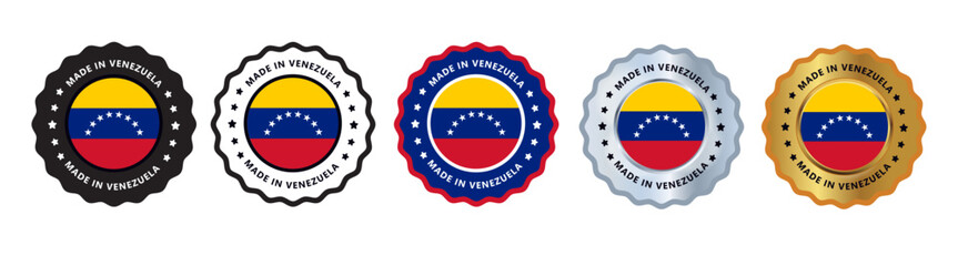 Made in venezuela set of sign stamp badge, with varian color blue, silver, gold, black suitable for products manufactured, military, agriculture or food vector illustration eps editable text