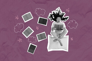 Collage image artwork of cheerful cute funny woman read literature before sleep isolated on creative drawing background