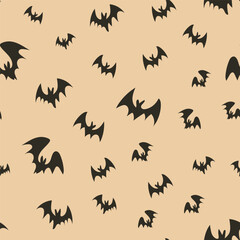 Seamless vector texture of various flying bat shapes. Different minimalistic black bats isolated on pastel orange background