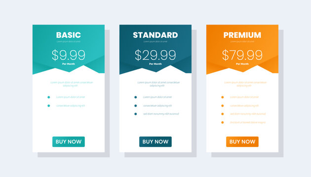 Website UI elements for pricing plans or subscriptions. Product and price comparison table.