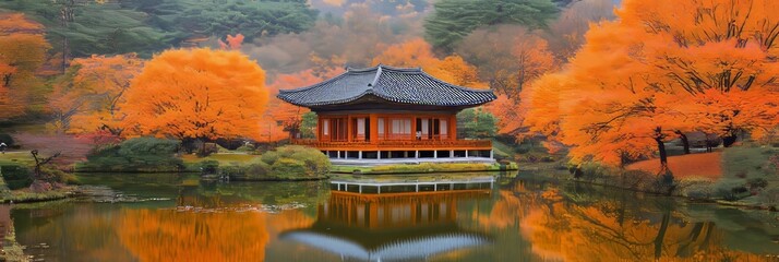 Obraz premium Traditional Korean Gazebo with Vibrant Orange Autumn Colors Reflected in a Tranquil Lake