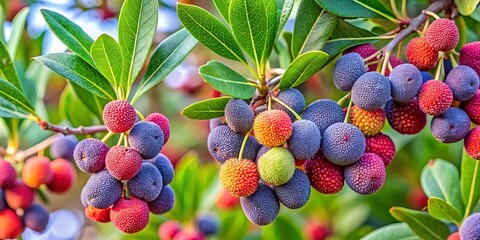 Obraz premium Bayberries adorn branches with lush green leaves, forming clusters that burst with vibrant hues in the autumn landscape.