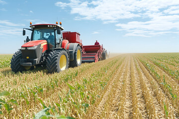 Obraz premium Modern Tractor Harvesting Crops in Large Agricultural Field Under Clear Sky