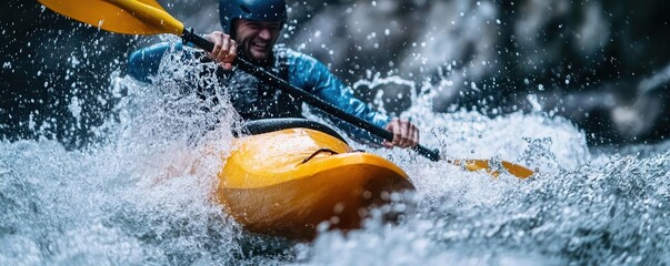 Naklejka premium Closeup of a kayaker navigating fast river rapids, water splashing dramatically, intense expression of thrill and focus, adventure sports theme