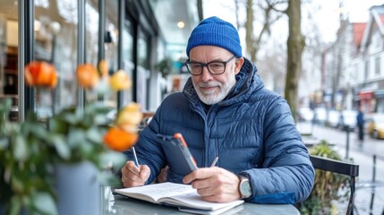 A senior man in a blue beanie and glasses jotting down notes at an outdoor cafe, with vibrant surroundings, emphasizing wisdom, experience, and reflection.