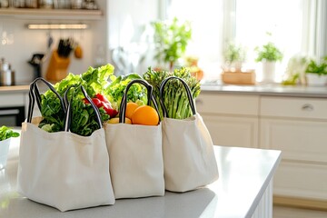 Fresh vegetables in reusable bags on kitchen counter.
