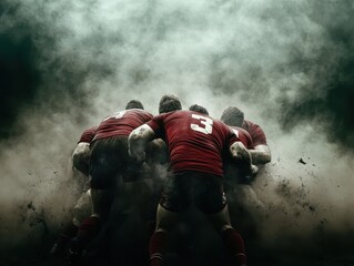 Intense Rugby Scrum in Action with Players in Red Jerseys Amidst Dramatic Smoke and Dust on the Field