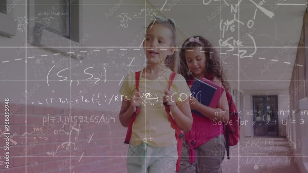 Poster Animation of mathematical data processing over diverse schoolgirls at school